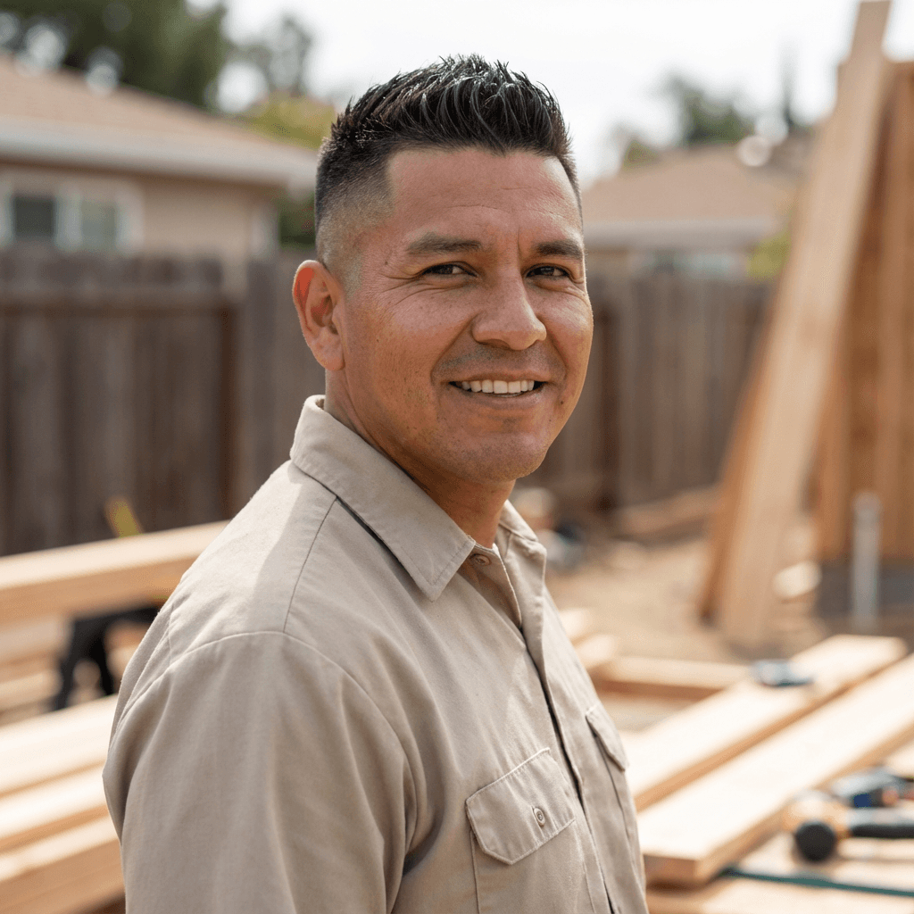 Male homeowner in his 30s, White, standing in a suburban backyard with a relaxed smile