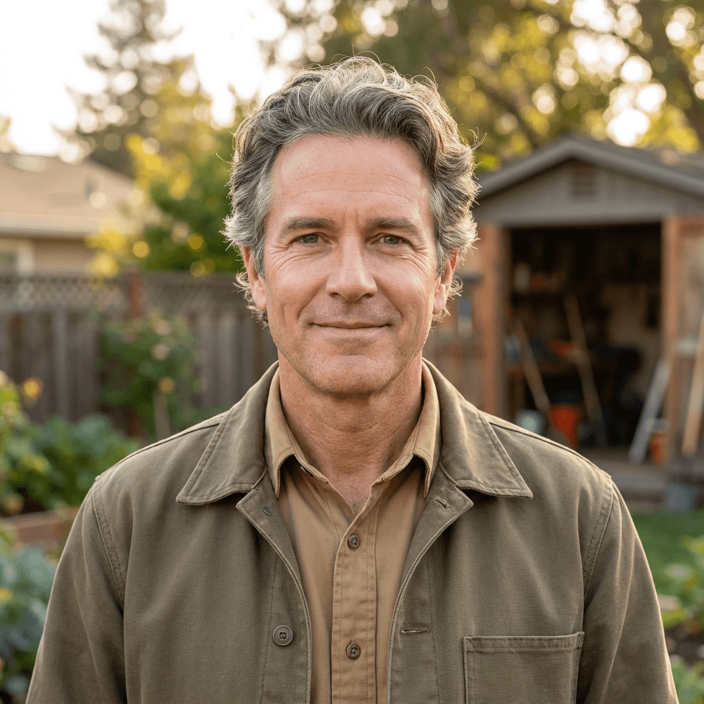 Male homeowner in his 40s, White, casual flannel shirt, friendly neighborhood appearance