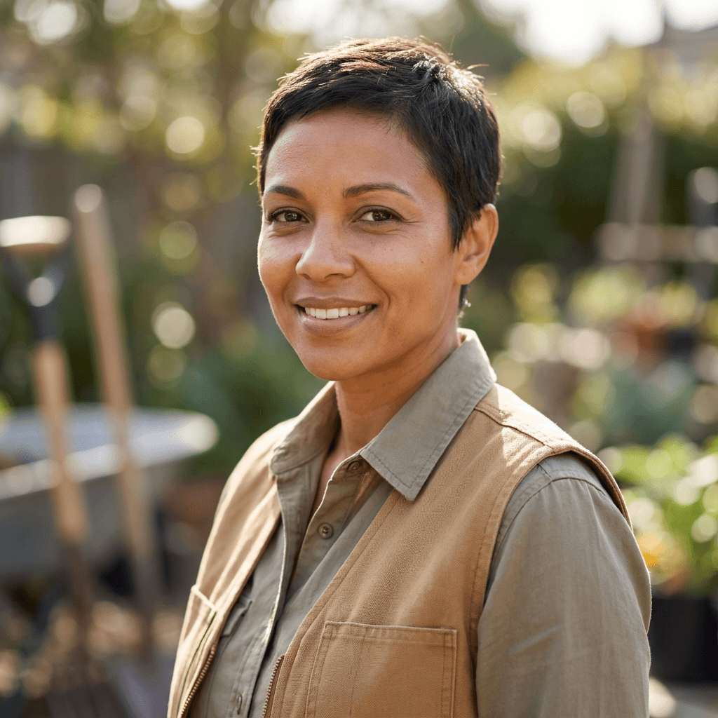 Female homeowner in her 40s, White, standing near her front door with a satisfied look