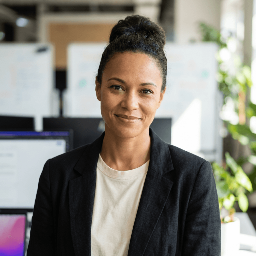 Female business owner in her early 40s, Hispanic, professional and capable demeanor