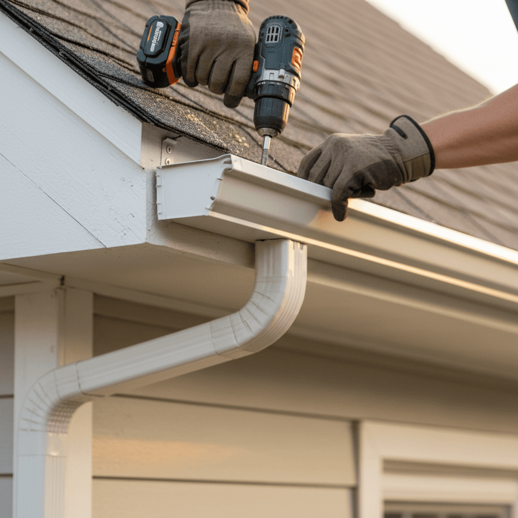 Contractor pointing at gutter while talking with a homeowner