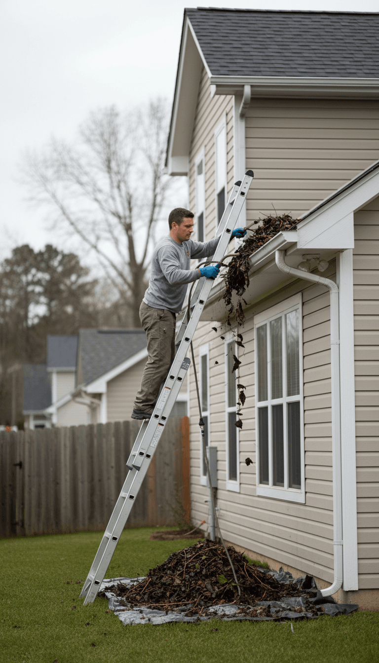 Gutter repair technician on a ladder inspecting a home's gutters